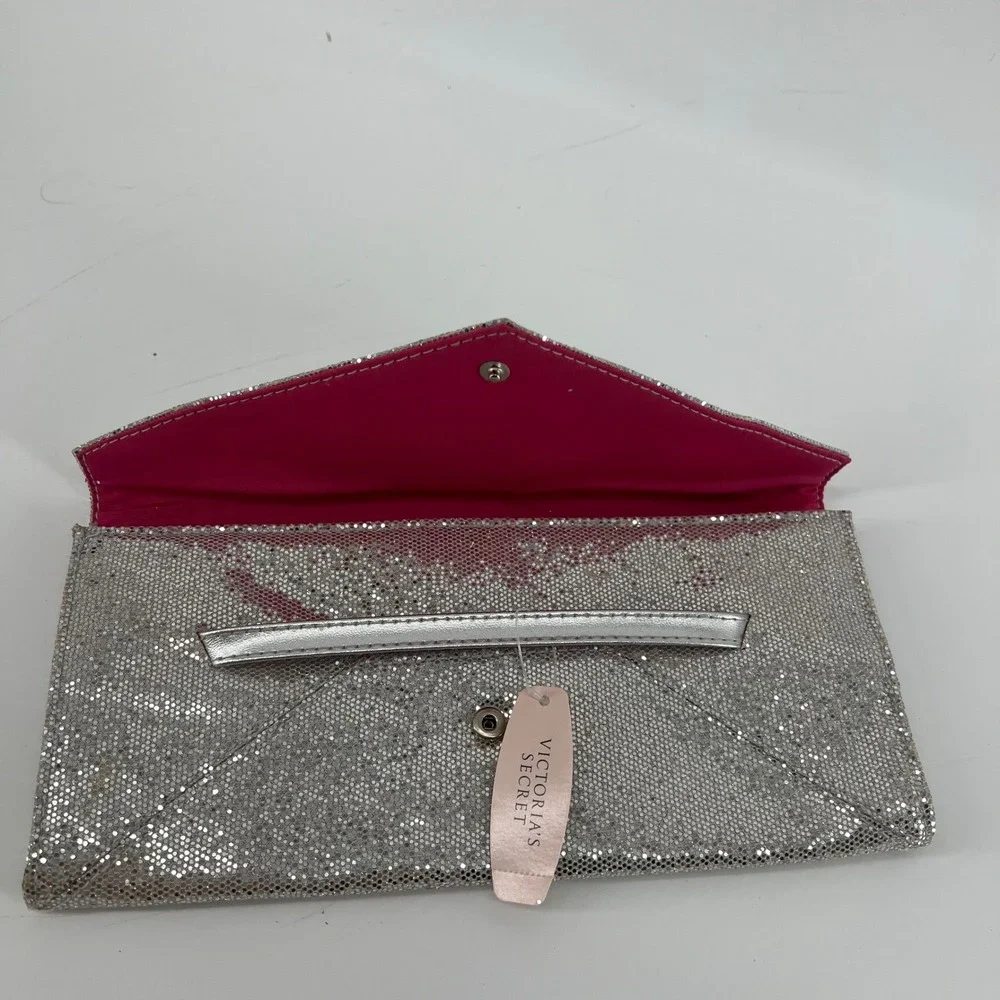 Victorias Secret Silver Glitter‎ Envelope Clutch Pink Lining Evening Bag